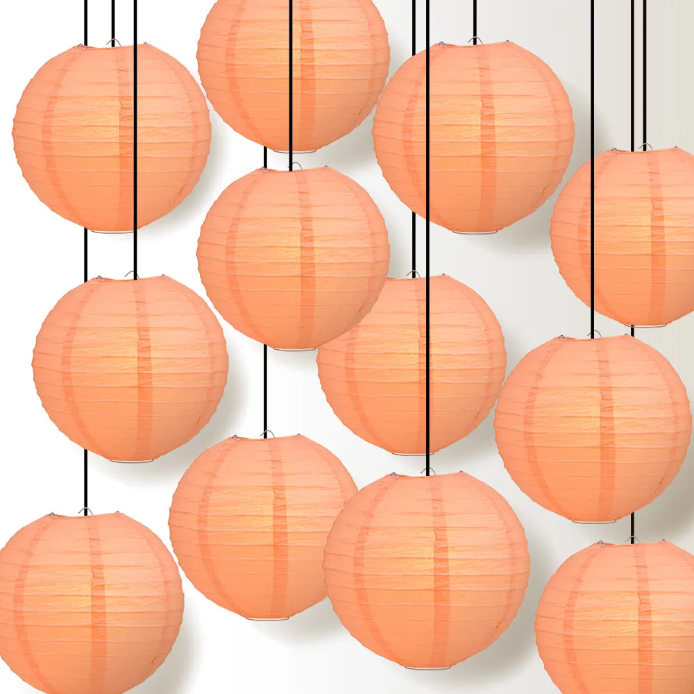 12 PACK | Peach / Orange Coral Even Ribbing Round Paper Lantern, Hanging Combo Set