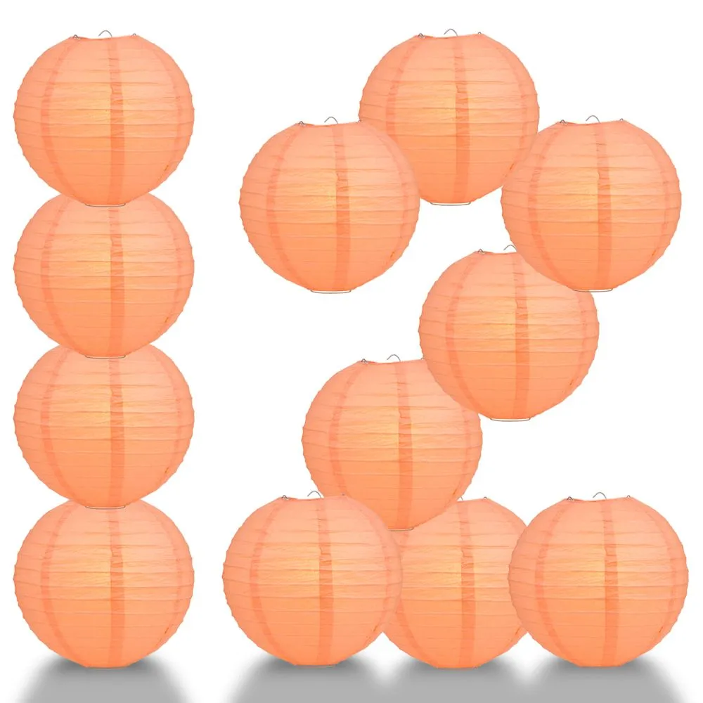 12 PACK | Peach / Orange Coral Even Ribbing Round Paper Lantern, Hanging Combo Set