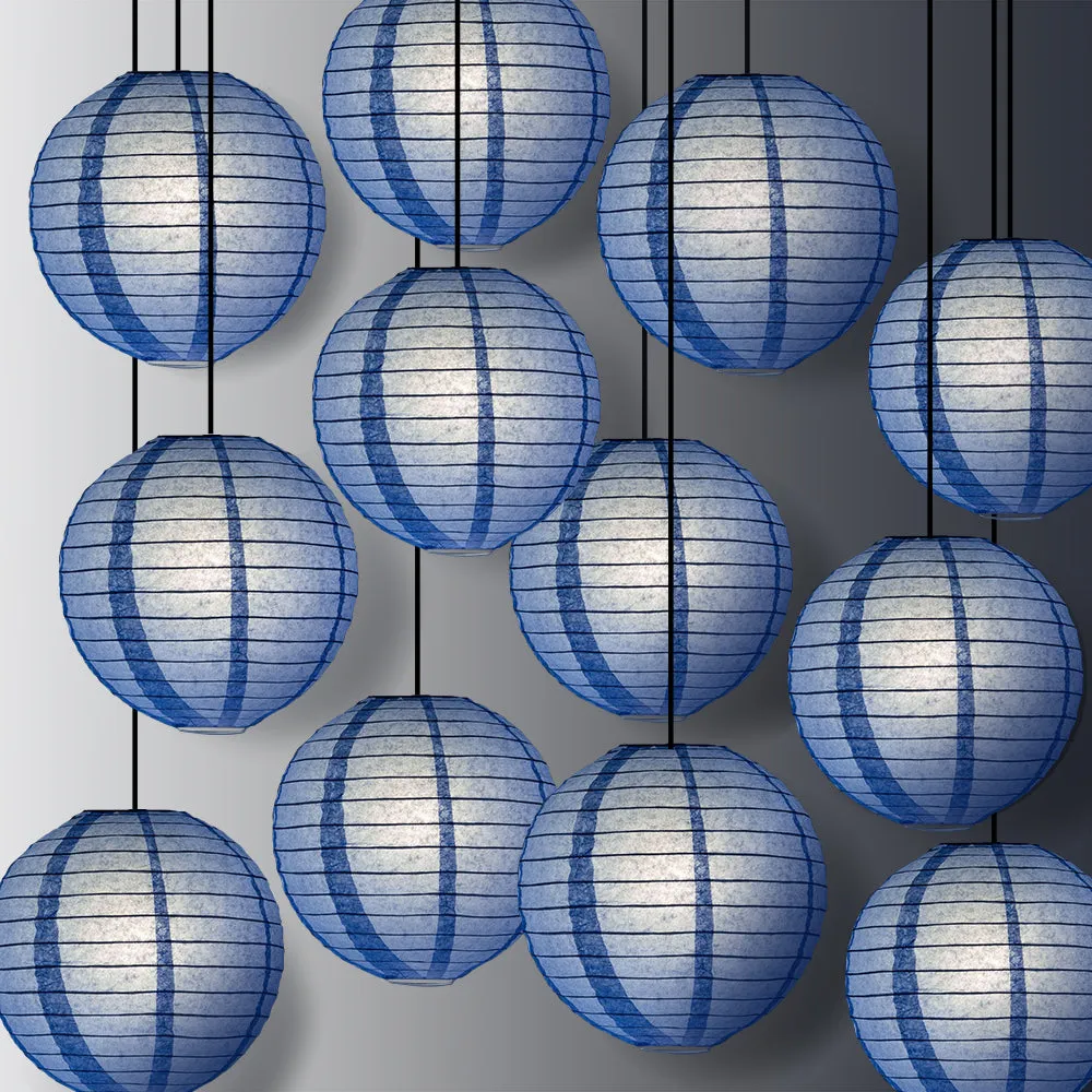 12 PACK | Serenity Blue Even Ribbing Round Paper Lantern, Hanging Combo Set