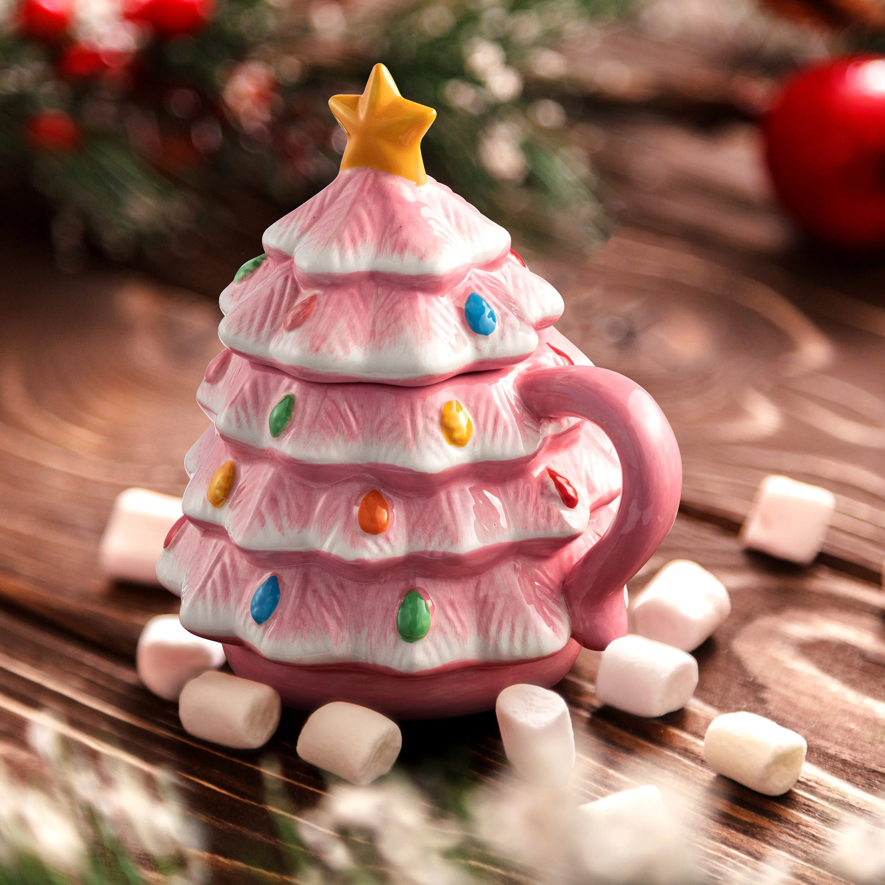 16 oz. Nostalgic Ceramic Tree Lidded Mug - Pink