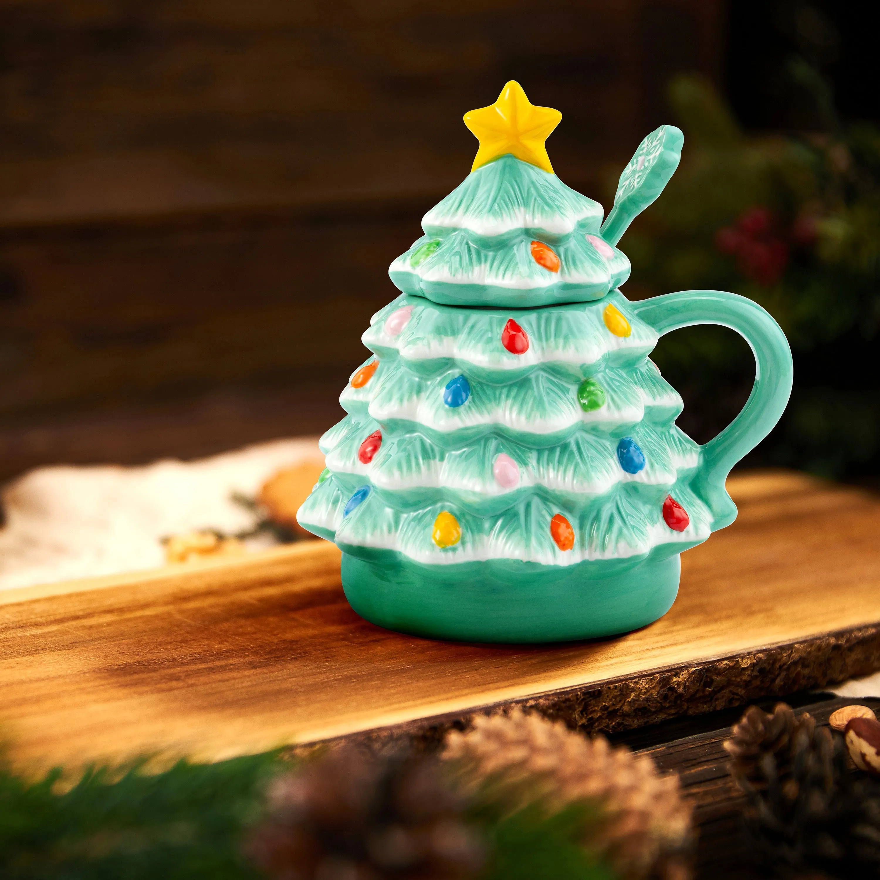 16 oz. Nostalgic Ceramic Tree Lidded Mug with Spoon - Seafoam