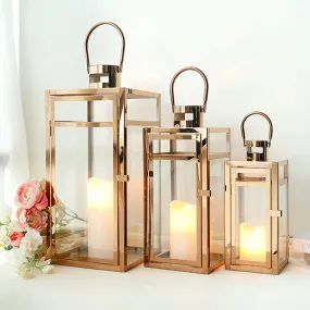 19''&15''&12'' H Stainless Steel Metal Candle Lantern  Candle Holder with Temper Glass Panels(Set of 3 Rose Gold)