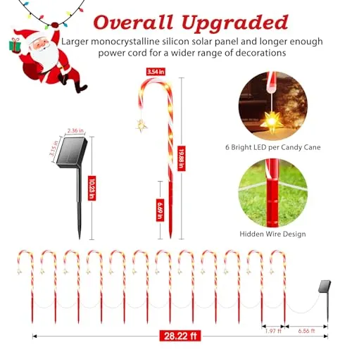 24 Pack Christmas Decorations Outside, 2 Sets of 12 KOOPER 19” Solar Candy Cane Christmas Decorations Outdoor Yard with 8 Modes and 144 Bright LED, Waterproof Christmas Candy Cane Pathway Lights