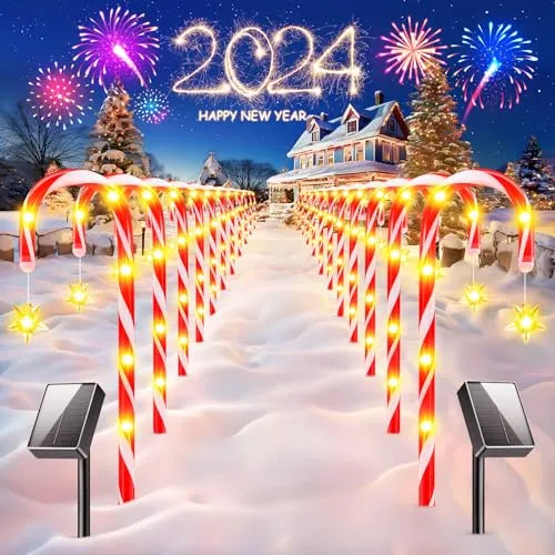 24 Pack Christmas Decorations Outside, 2 Sets of 12 KOOPER 19” Solar Candy Cane Christmas Decorations Outdoor Yard with 8 Modes and 144 Bright LED, Waterproof Christmas Candy Cane Pathway Lights