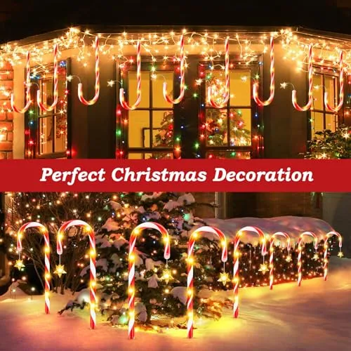 24 Pack Christmas Decorations Outside, 2 Sets of 12 KOOPER 19” Solar Candy Cane Christmas Decorations Outdoor Yard with 8 Modes and 144 Bright LED, Waterproof Christmas Candy Cane Pathway Lights