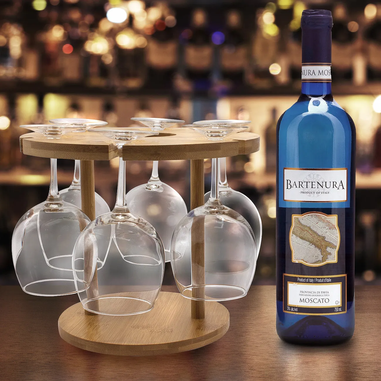 4 Glass and Bottle Bamboo Wine Stemware Rack