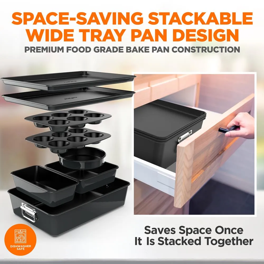 8Pcs. Stackable Carbon Steel Bakeware Sets - Non-Stick Coating, Bake Tray Sheet Bakeware Set (Black)