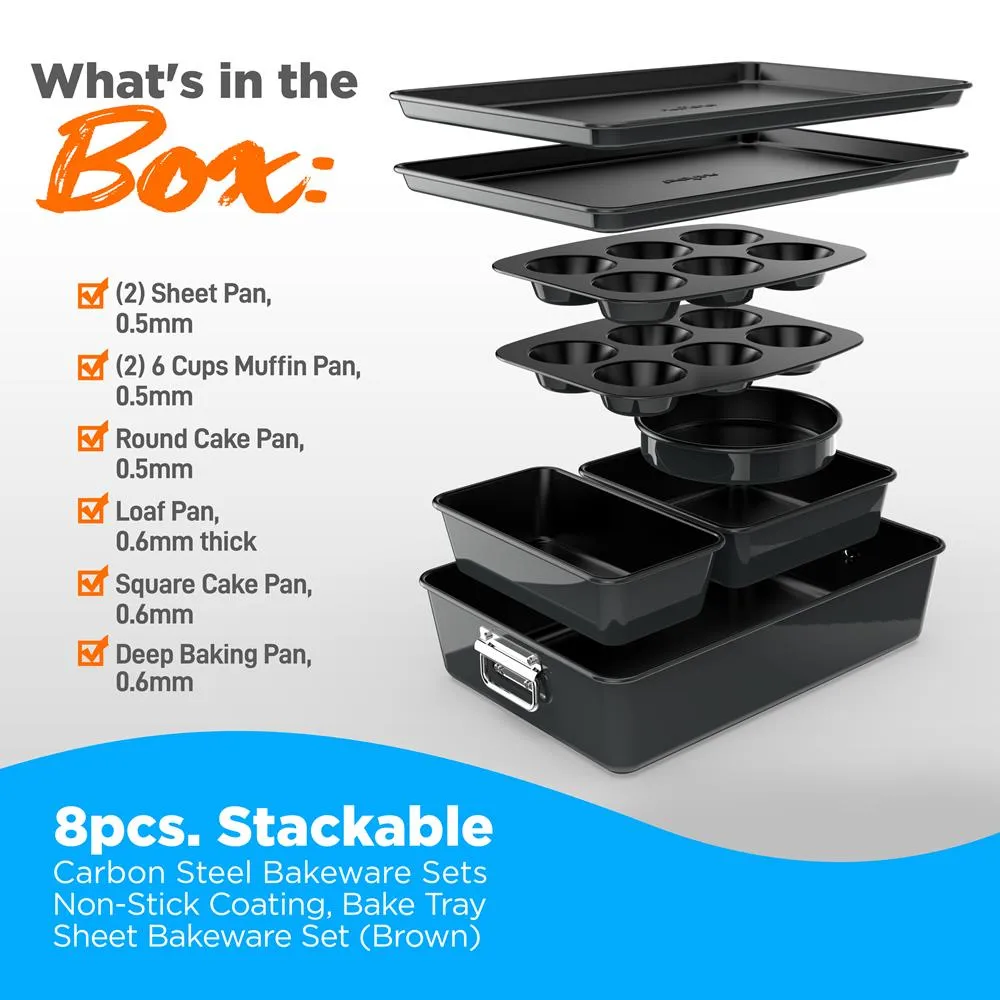 8Pcs. Stackable Carbon Steel Bakeware Sets - Non-Stick Coating, Bake Tray Sheet Bakeware Set (Black)