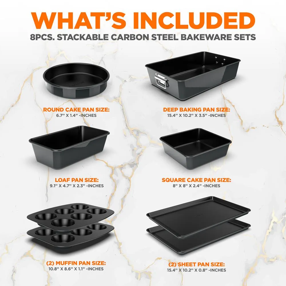 8Pcs. Stackable Carbon Steel Bakeware Sets - Non-Stick Coating, Bake Tray Sheet Bakeware Set (Black)