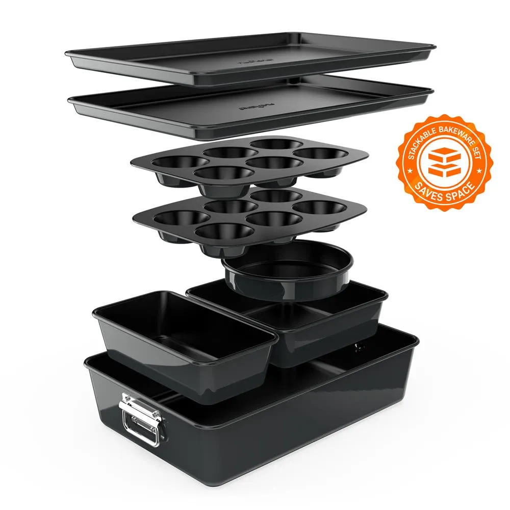 8Pcs. Stackable Carbon Steel Bakeware Sets - Non-Stick Coating, Bake Tray Sheet Bakeware Set (Black)