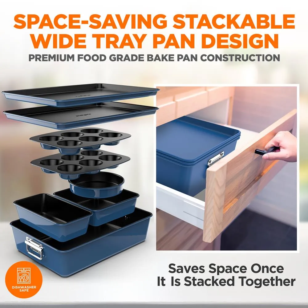 8Pcs. Stackable Carbon Steel Bakeware Sets - Non-Stick Coating, Bake Tray Sheet Bakeware Set (Blue)