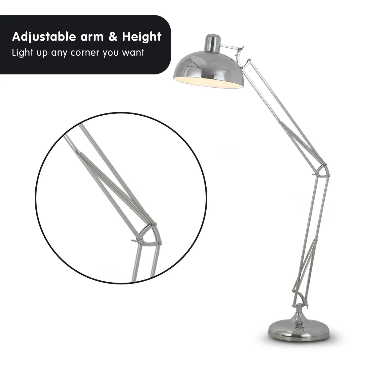 Adjustable Height Chrome Floor Lamp, Tapered Shade, Sarantino