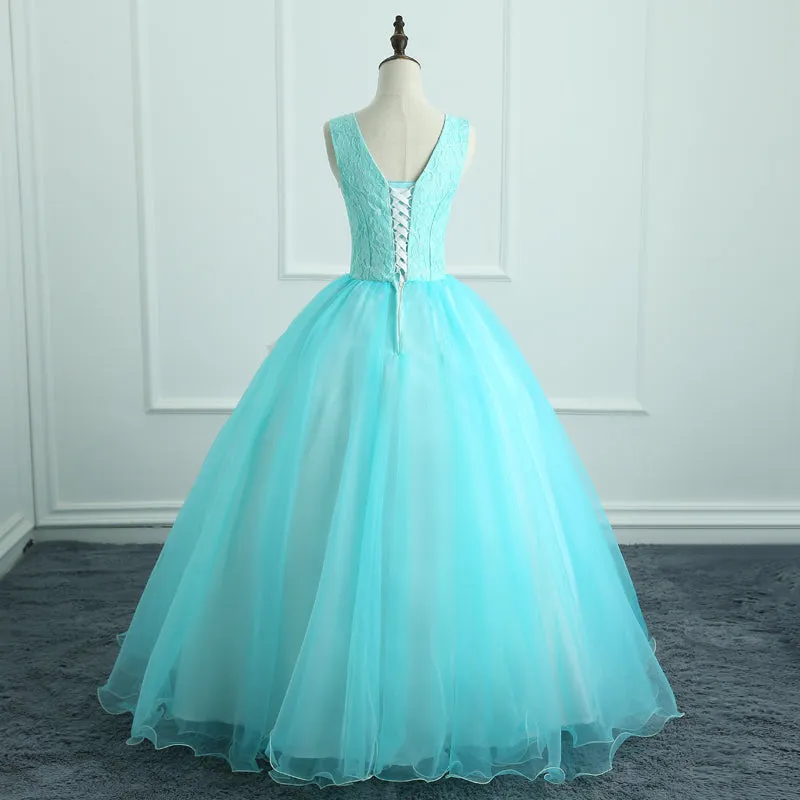 Adorable Light Blue Tulle with Flowers Floor Length Ball Gown Formal Dress, Blue Sweet 16 Dresses