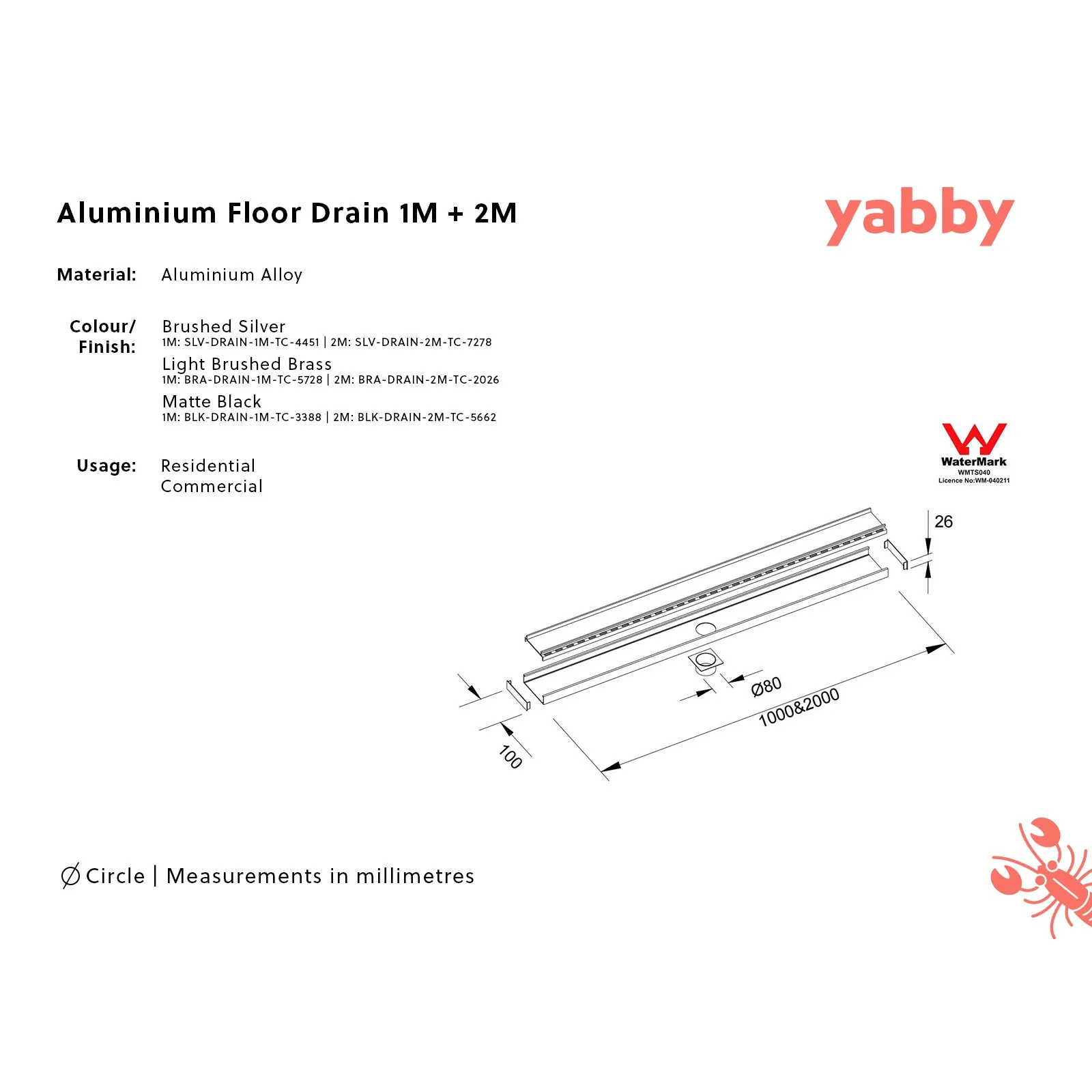 Aluminium Floor Drain 1M Light Brushed Brass