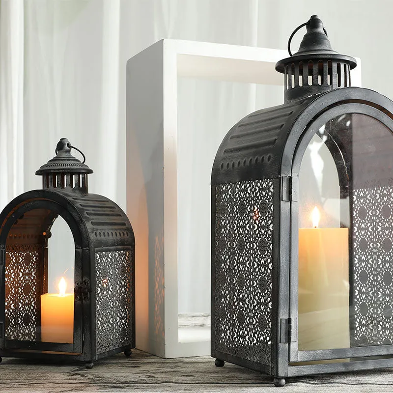 Antique Grey Decorative Lanterns Metal Candle Lanterns ( Set of 2 )