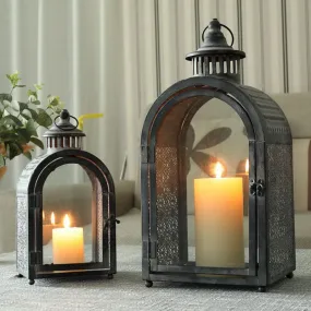 Antique Grey Decorative Lanterns Metal Candle Lanterns ( Set of 2 )