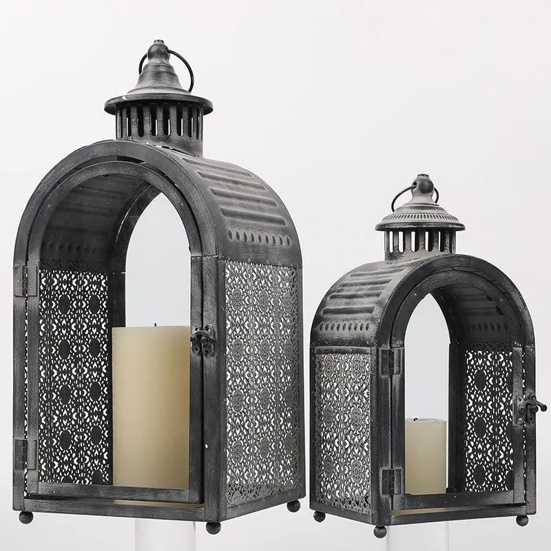 Antique Grey Decorative Lanterns Metal Candle Lanterns ( Set of 2 )