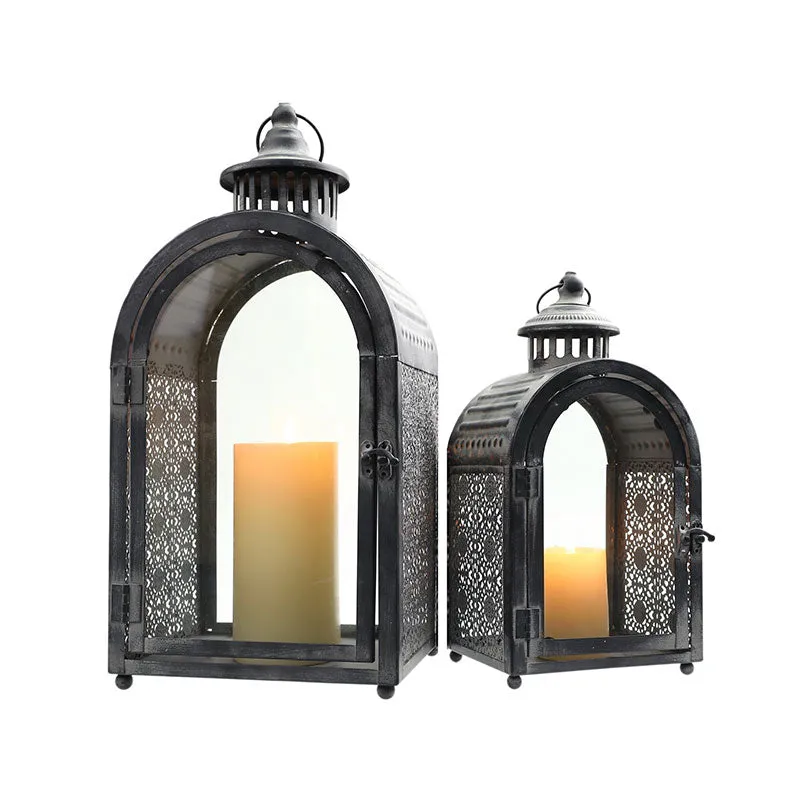 Antique Grey Decorative Lanterns Metal Candle Lanterns ( Set of 2 )