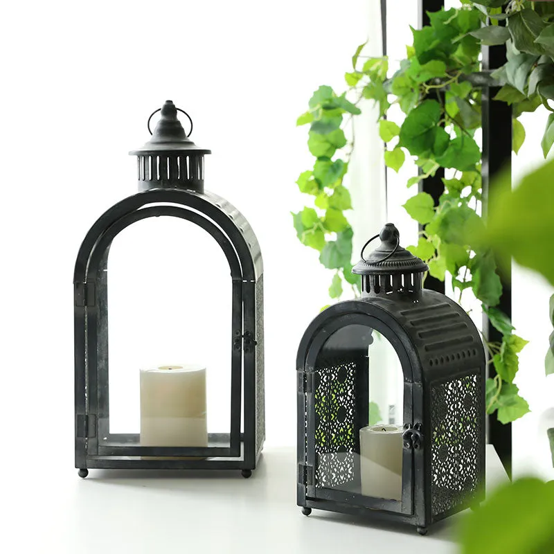 Antique Grey Decorative Lanterns Metal Candle Lanterns ( Set of 2 )