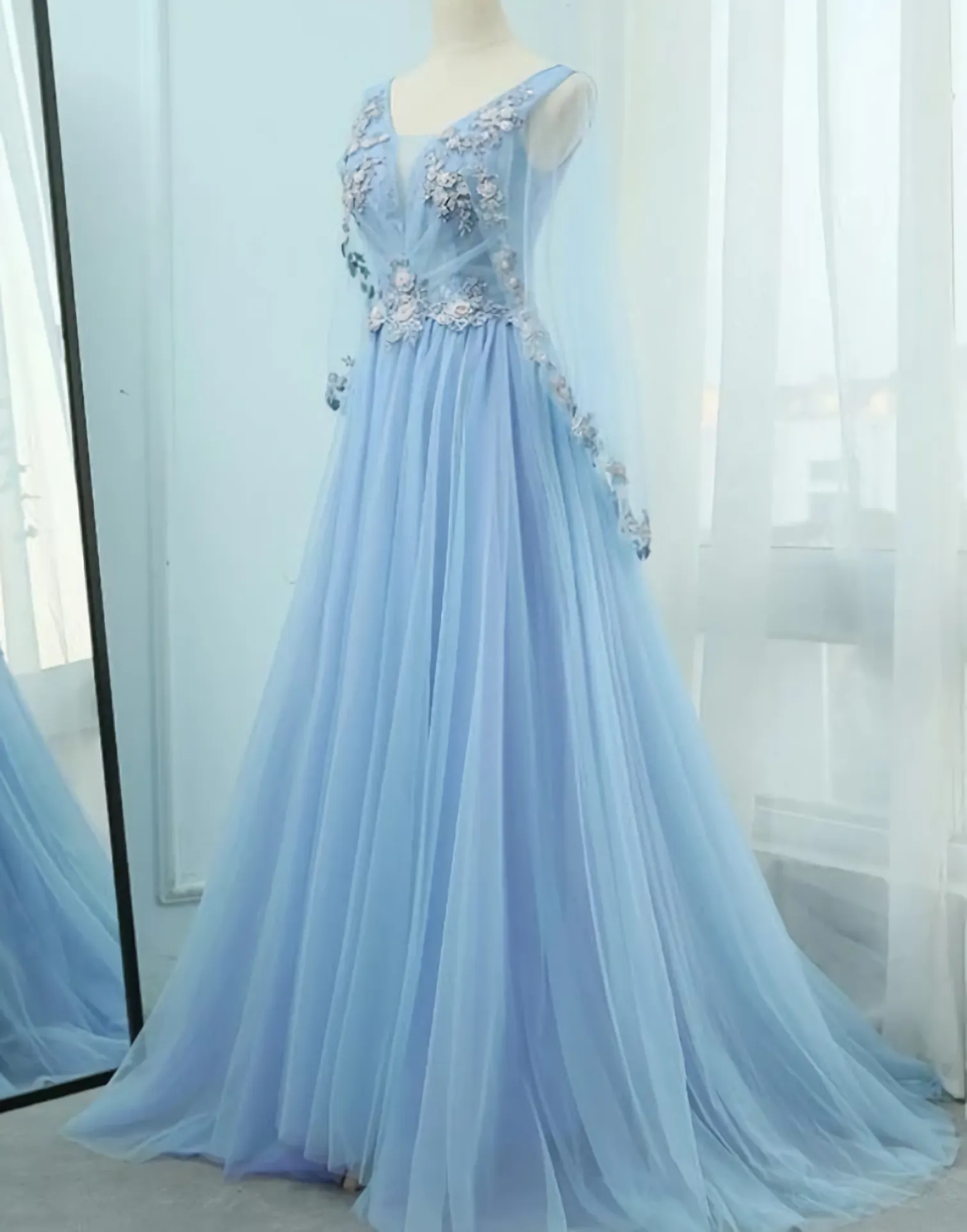 Beautiful Tulle Light Blue Floor Length Prom Dress New Party Dress