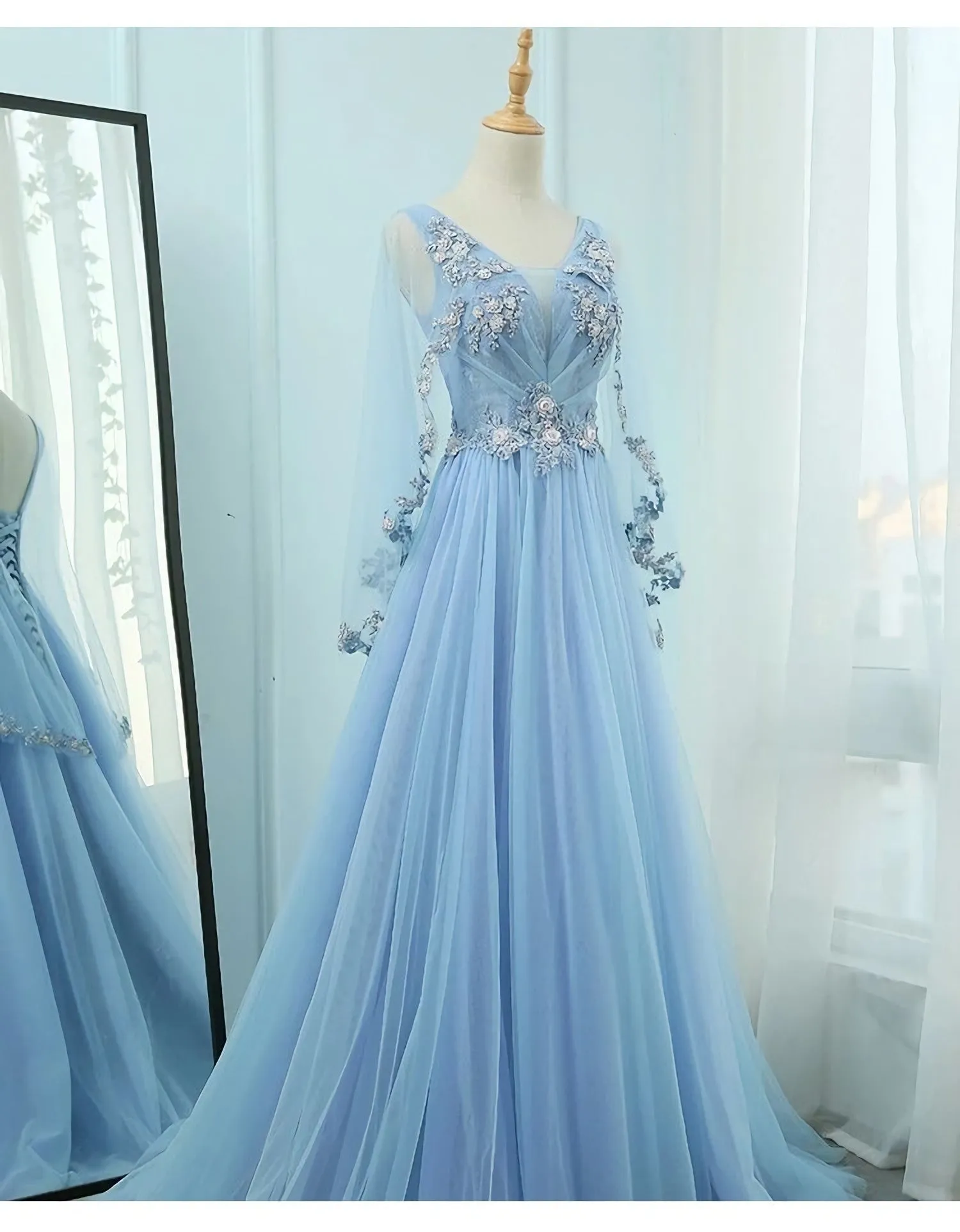 Beautiful Tulle Light Blue Floor Length Prom Dress New Party Dress