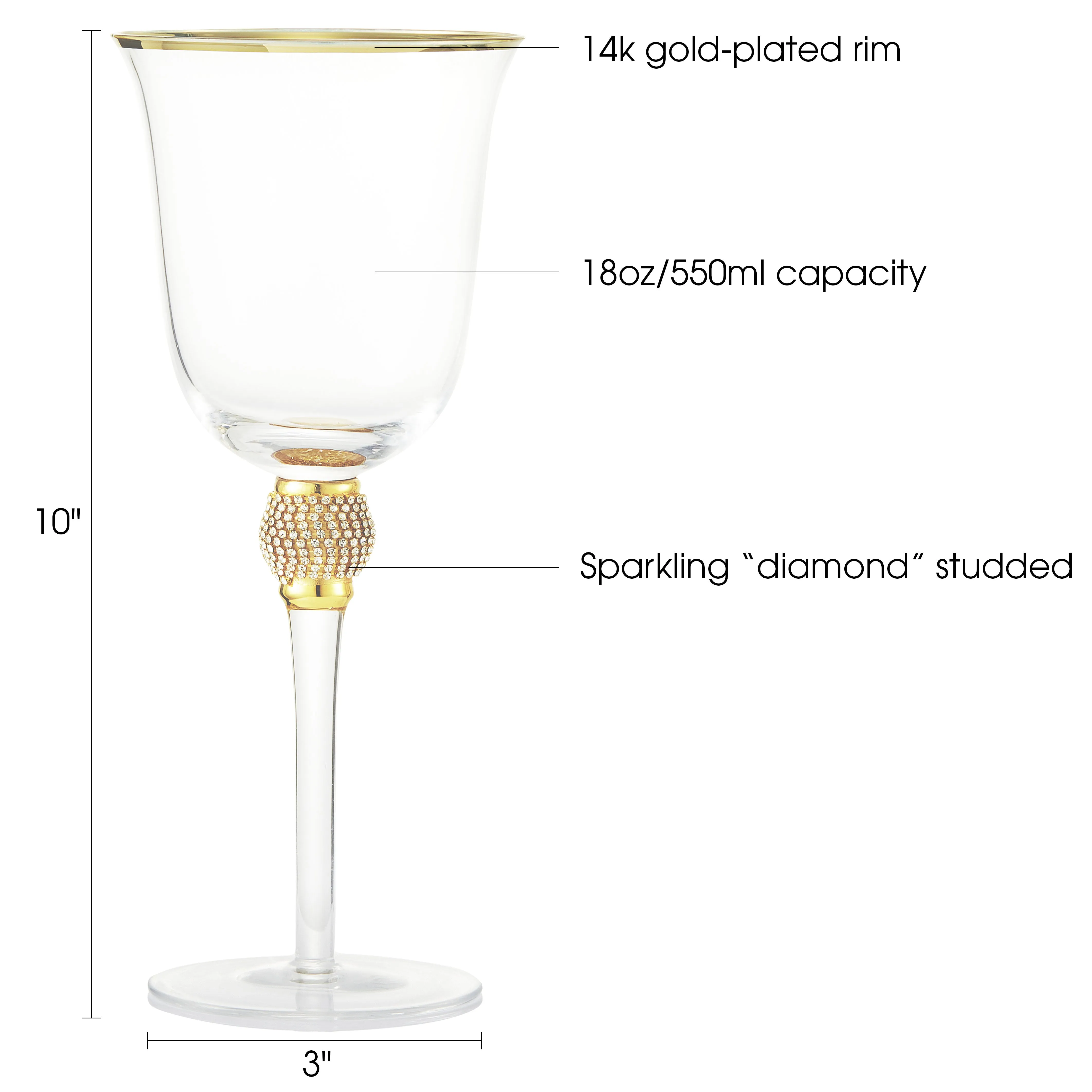 Berkware Set of 6 Gold tone Wine Glasses - Luxurious Rose and White Wine Glass with Dazzling Rhinestone Design and Gold tone Rim