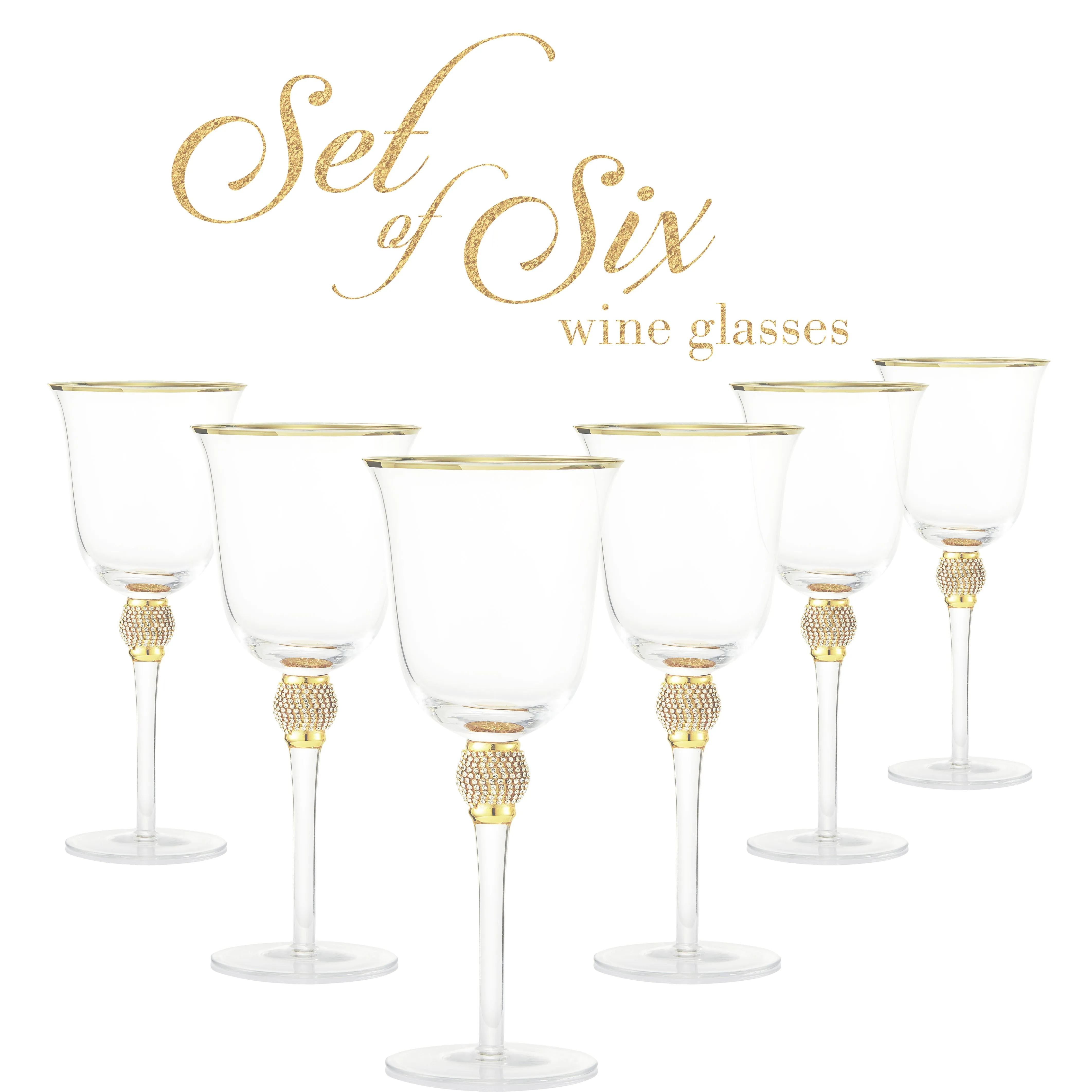 Berkware Set of 6 Gold tone Wine Glasses - Luxurious Rose and White Wine Glass with Dazzling Rhinestone Design and Gold tone Rim