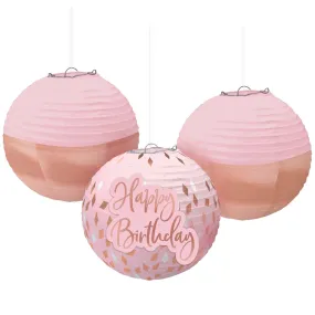 Blush Birthday Hanging Round Paper Lanterns, 9 1/2 Inches, 3 Count