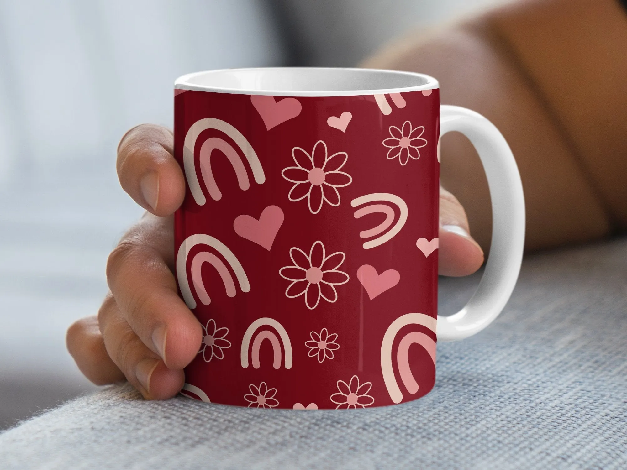 Boho Chic Love and Rainbow Mug, Red Floral Heart Pattern Coffee Cup, Unique Aesthetic Drinkware, Gift for Her