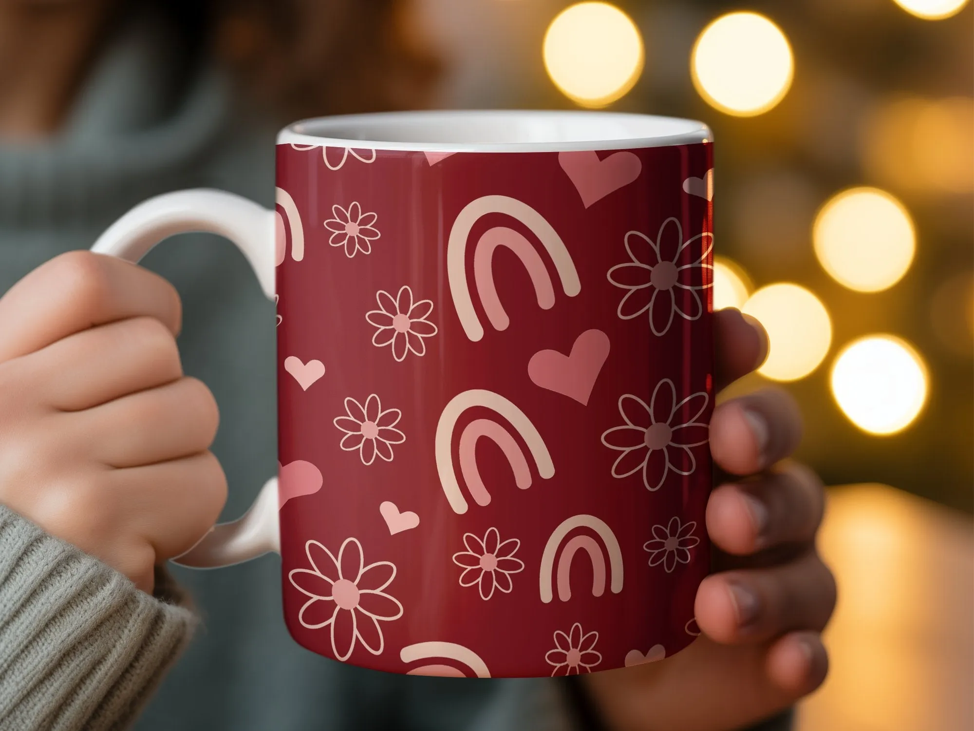 Boho Chic Love and Rainbow Mug, Red Floral Heart Pattern Coffee Cup, Unique Aesthetic Drinkware, Gift for Her