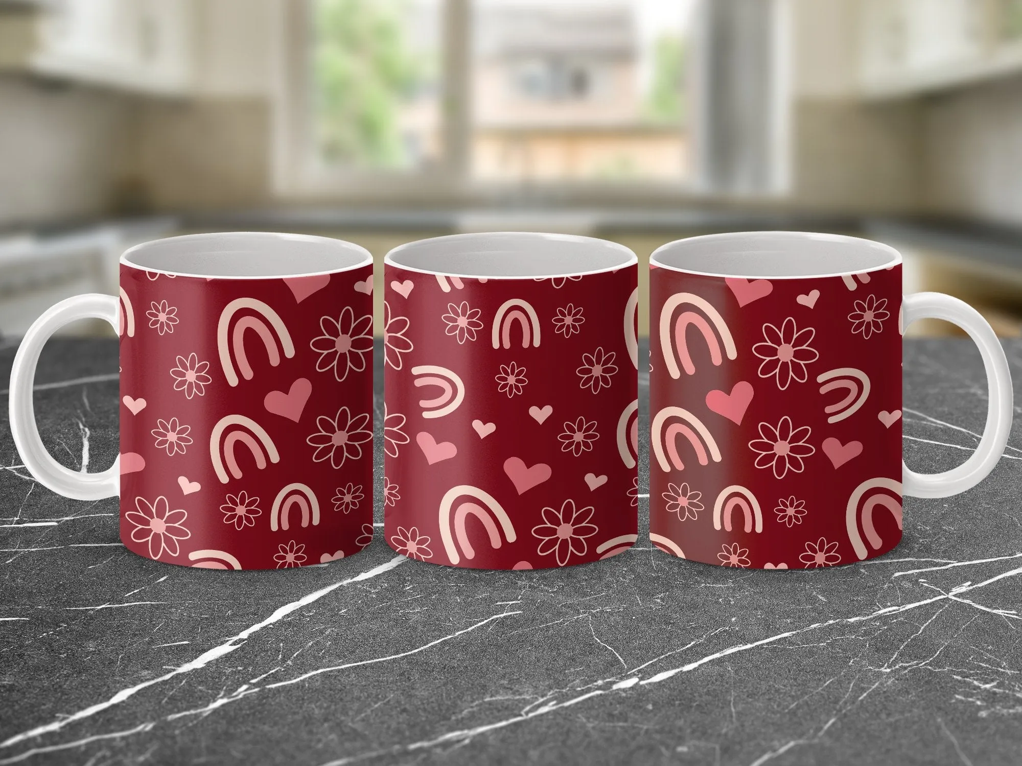 Boho Chic Love and Rainbow Mug, Red Floral Heart Pattern Coffee Cup, Unique Aesthetic Drinkware, Gift for Her