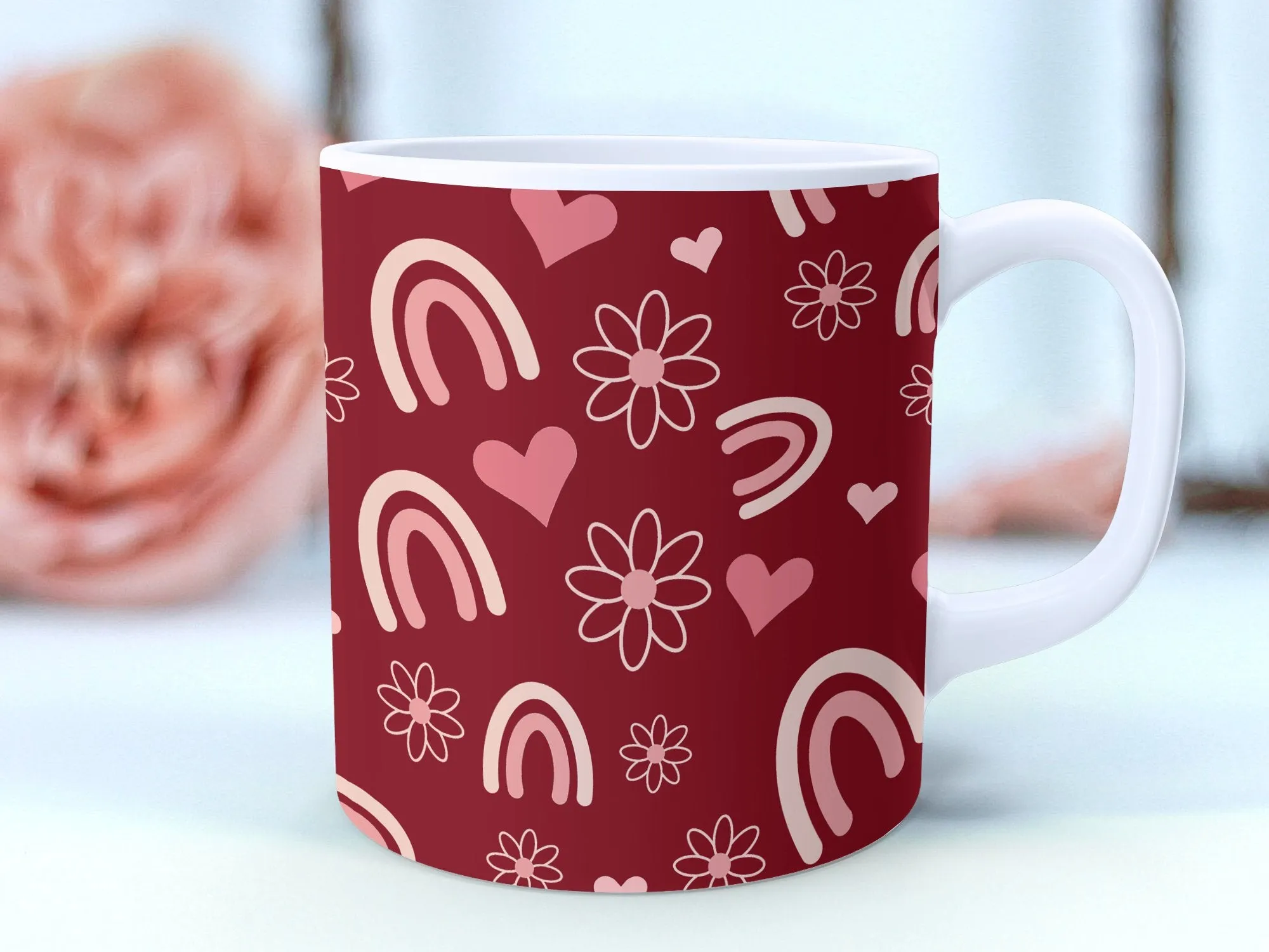 Boho Chic Love and Rainbow Mug, Red Floral Heart Pattern Coffee Cup, Unique Aesthetic Drinkware, Gift for Her