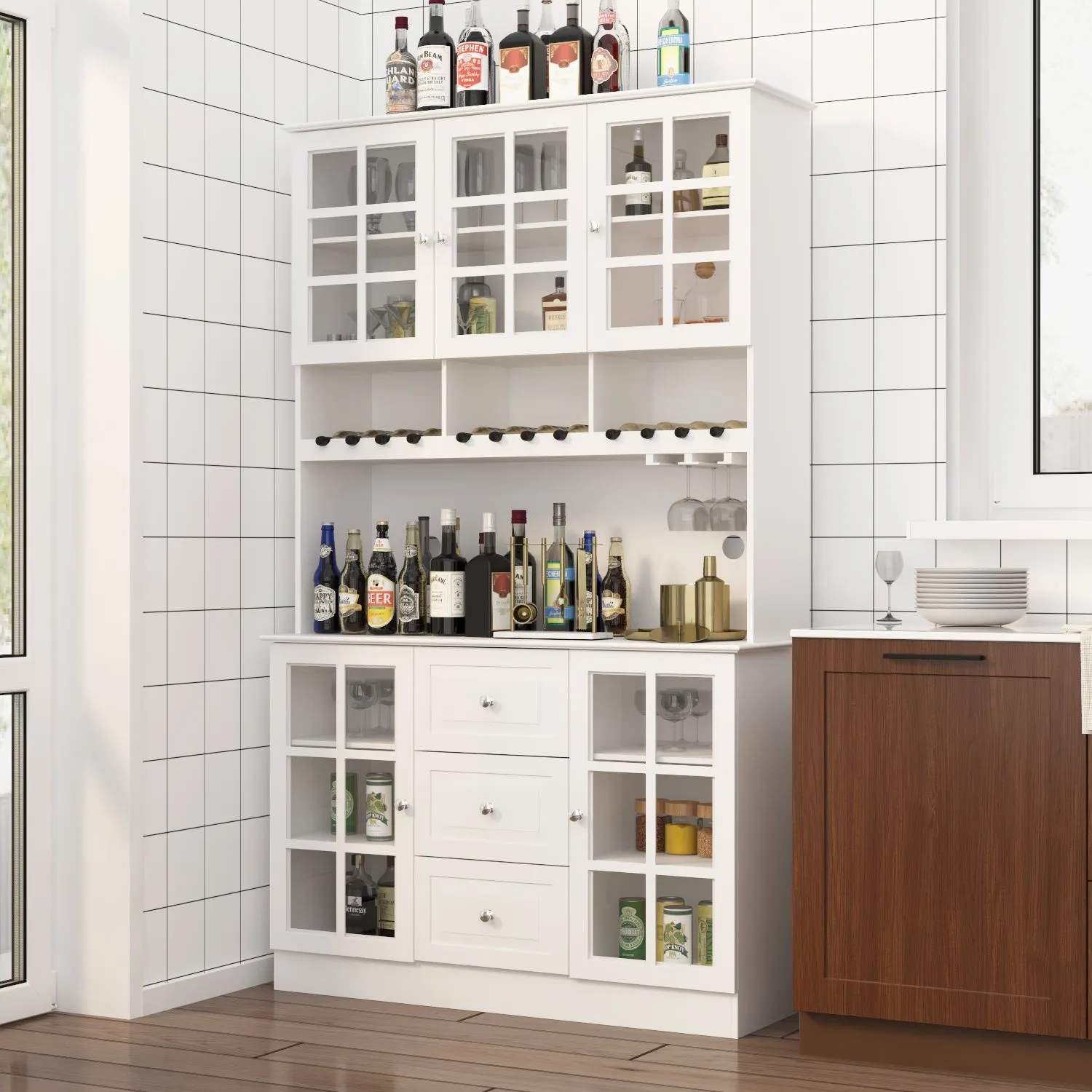 Buffet Bar Cabinet with Glass Door Kitchen Hutch Cabinet with Drawers Glass Holder and Wine Rack