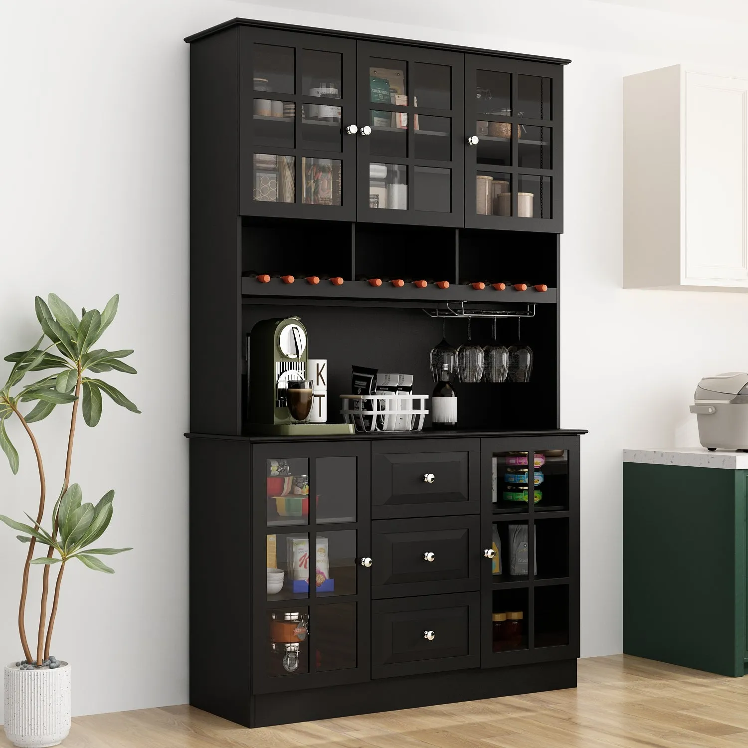 Buffet Bar Cabinet with Glass Door Kitchen Hutch Cabinet with Drawers Glass Holder and Wine Rack