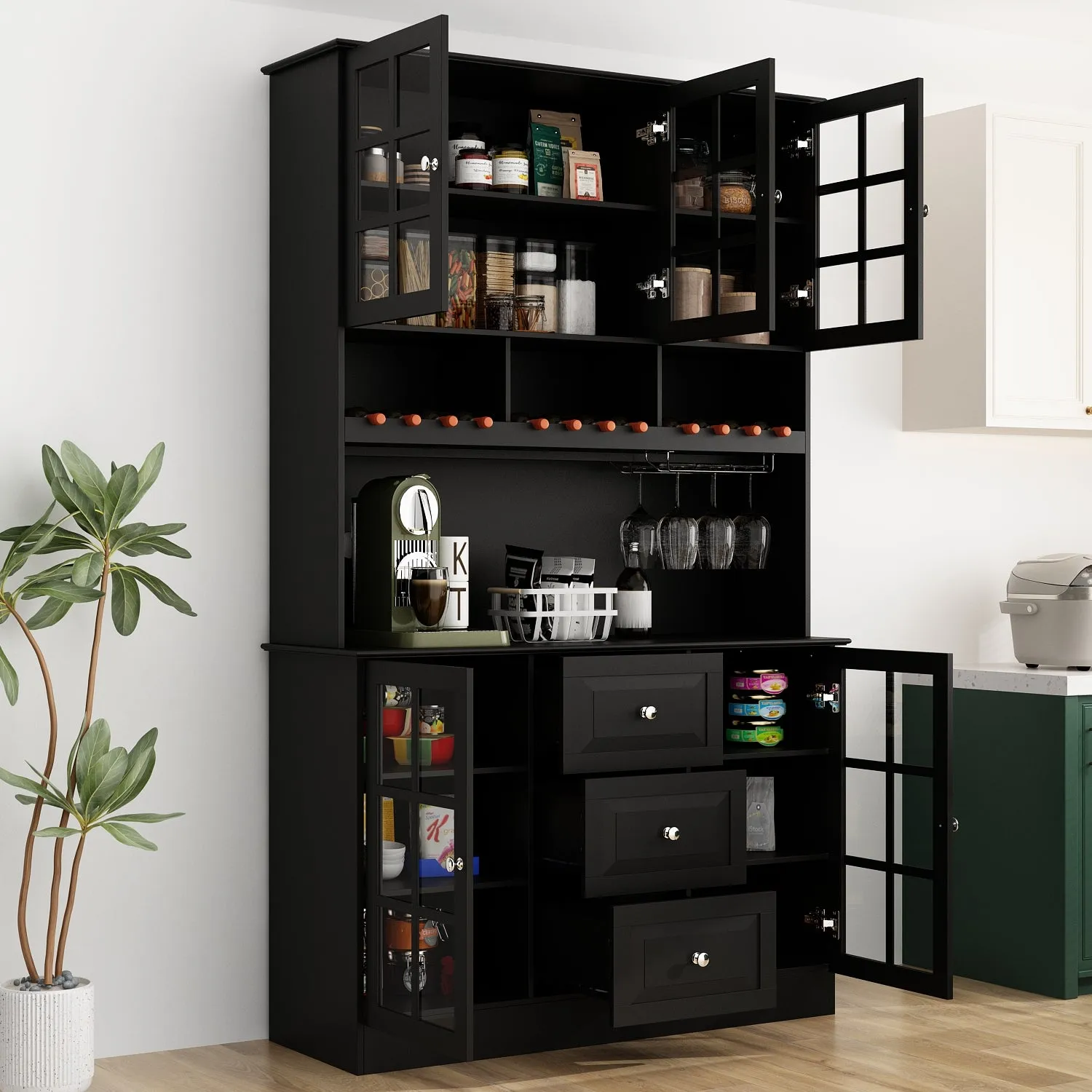 Buffet Bar Cabinet with Glass Door Kitchen Hutch Cabinet with Drawers Glass Holder and Wine Rack