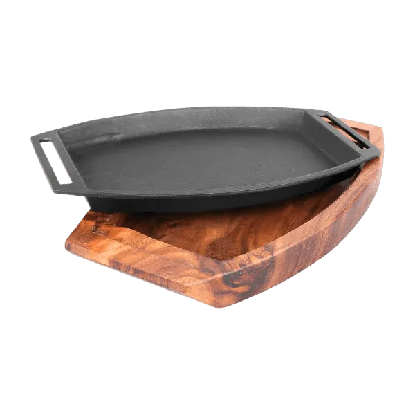 CAST IRON SIZZLER OVAL 8.5 INCH SEASONED WITH WOOD BASE