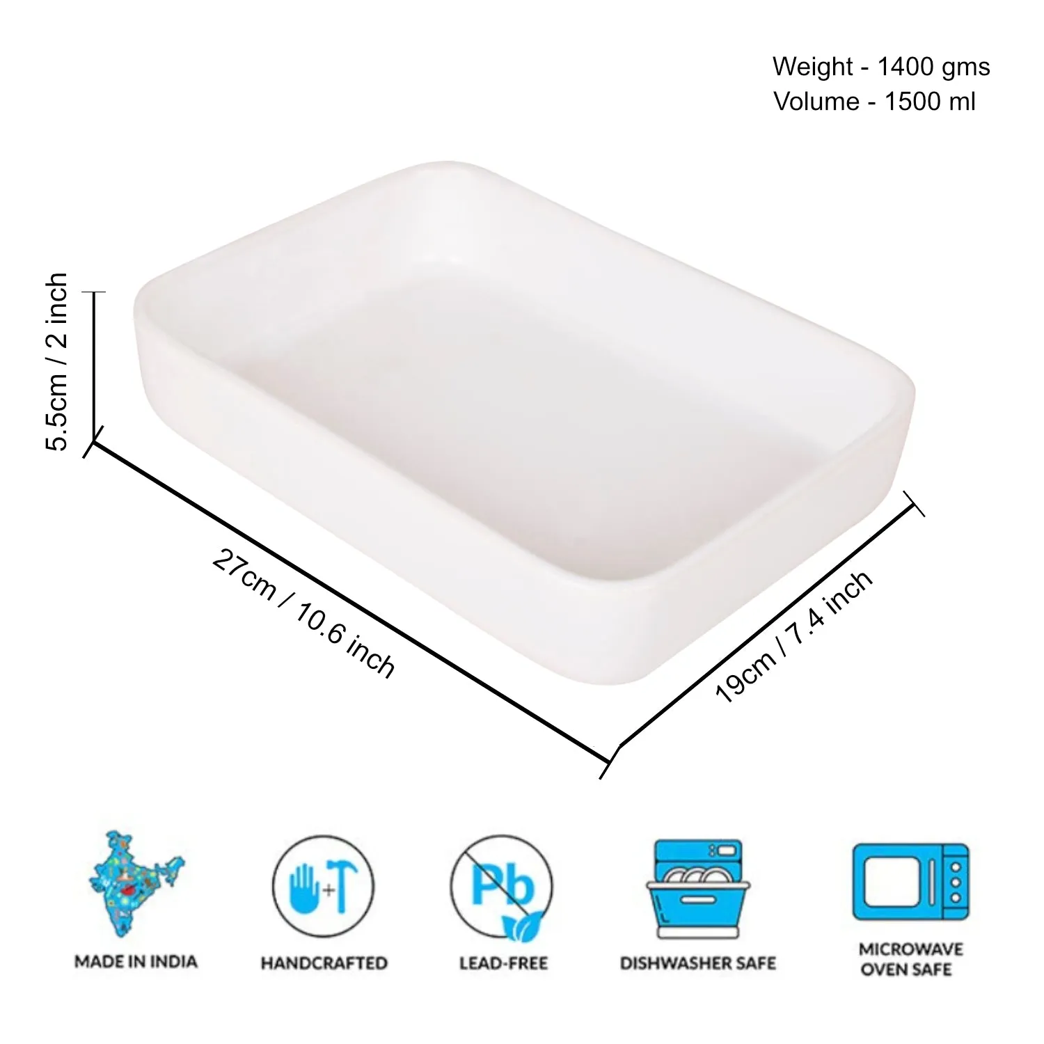 Ceramic Baking Dish ( L x B x H – 27 x 19 x 5.5 cm , White , 1500 ml)