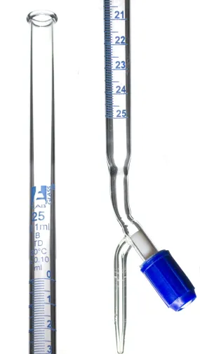 Class B 25mL Borosilicate Burette - 0.1mL Graduations - 0.1mL Tolerance - PTFE (No Lube) Stopcock - 22.5" Tall