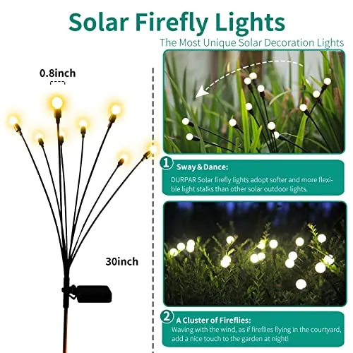 DURPAR Solar Garden Lights, New Upgraded Solar Firefly Lights Outdoor Waterproof, Solar Outdoor Lights, Solar Garden Decorative Lights Yard Patio Pathway Decoration, Warm White (2 Pack)