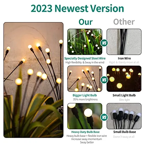 DURPAR Solar Garden Lights, New Upgraded Solar Firefly Lights Outdoor Waterproof, Solar Outdoor Lights, Solar Garden Decorative Lights Yard Patio Pathway Decoration, Warm White (2 Pack)