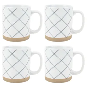 Elanze Designs Modern Plaid Raw Clay Bottom White 13 ounce Ceramic Coffee Mugs Set of 4