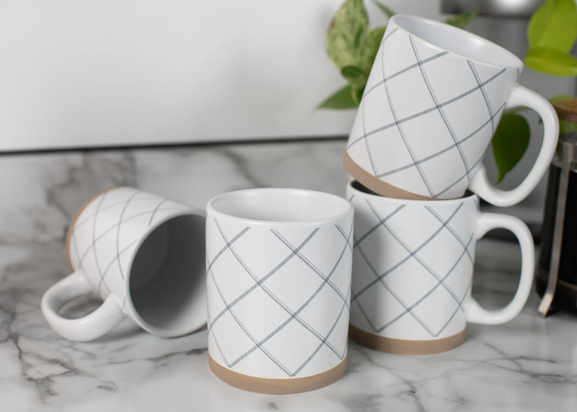 Elanze Designs Modern Plaid Raw Clay Bottom White 13 ounce Ceramic Coffee Mugs Set of 4