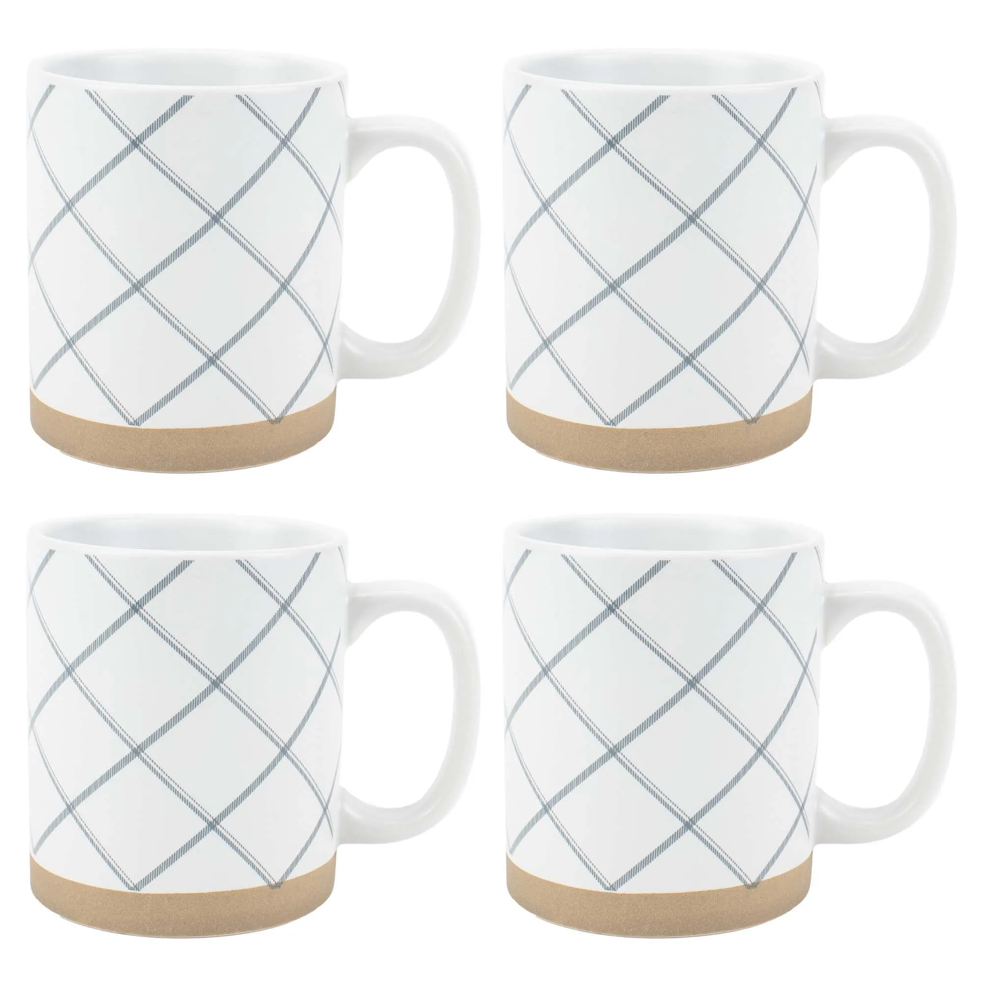 Elanze Designs Modern Plaid Raw Clay Bottom White 13 ounce Ceramic Coffee Mugs Set of 4