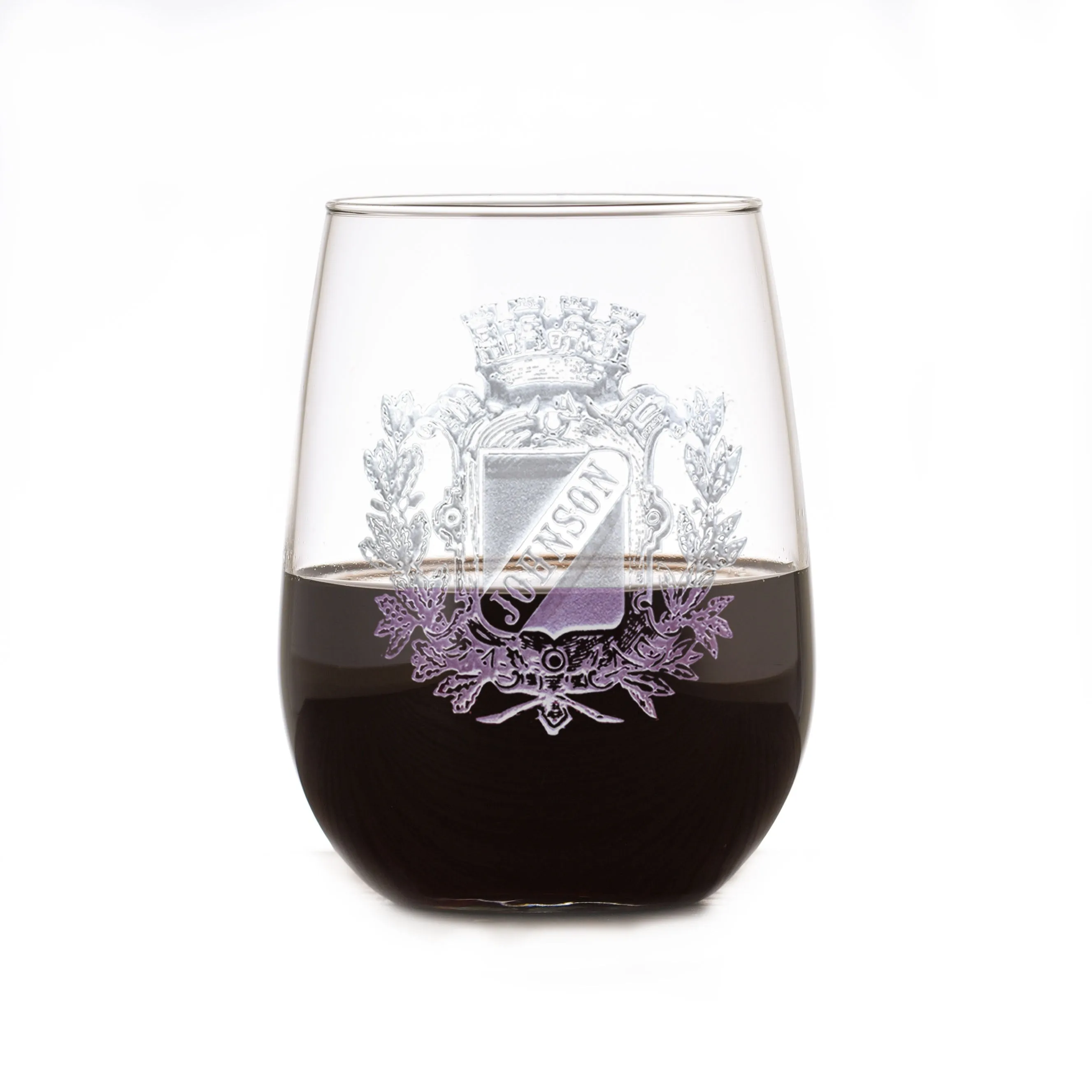 Family Crest Engraved Stemless Wine Glass