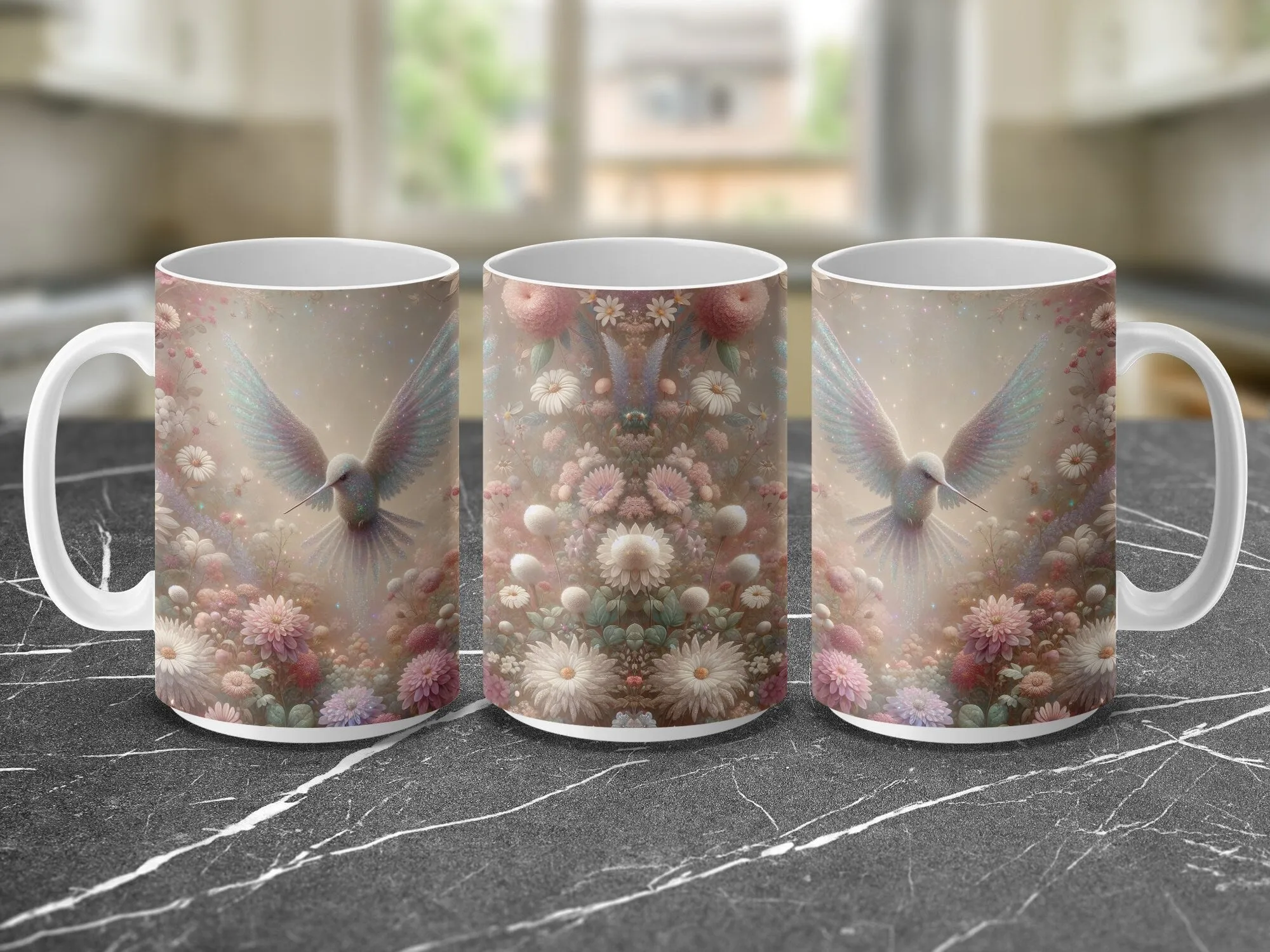 Fantasy Hummingbird Floral Mug, Enchanted Garden Coffee Cup, Mystical Bird Lover Gift, Unique Magical Nature Inspired Drinkware