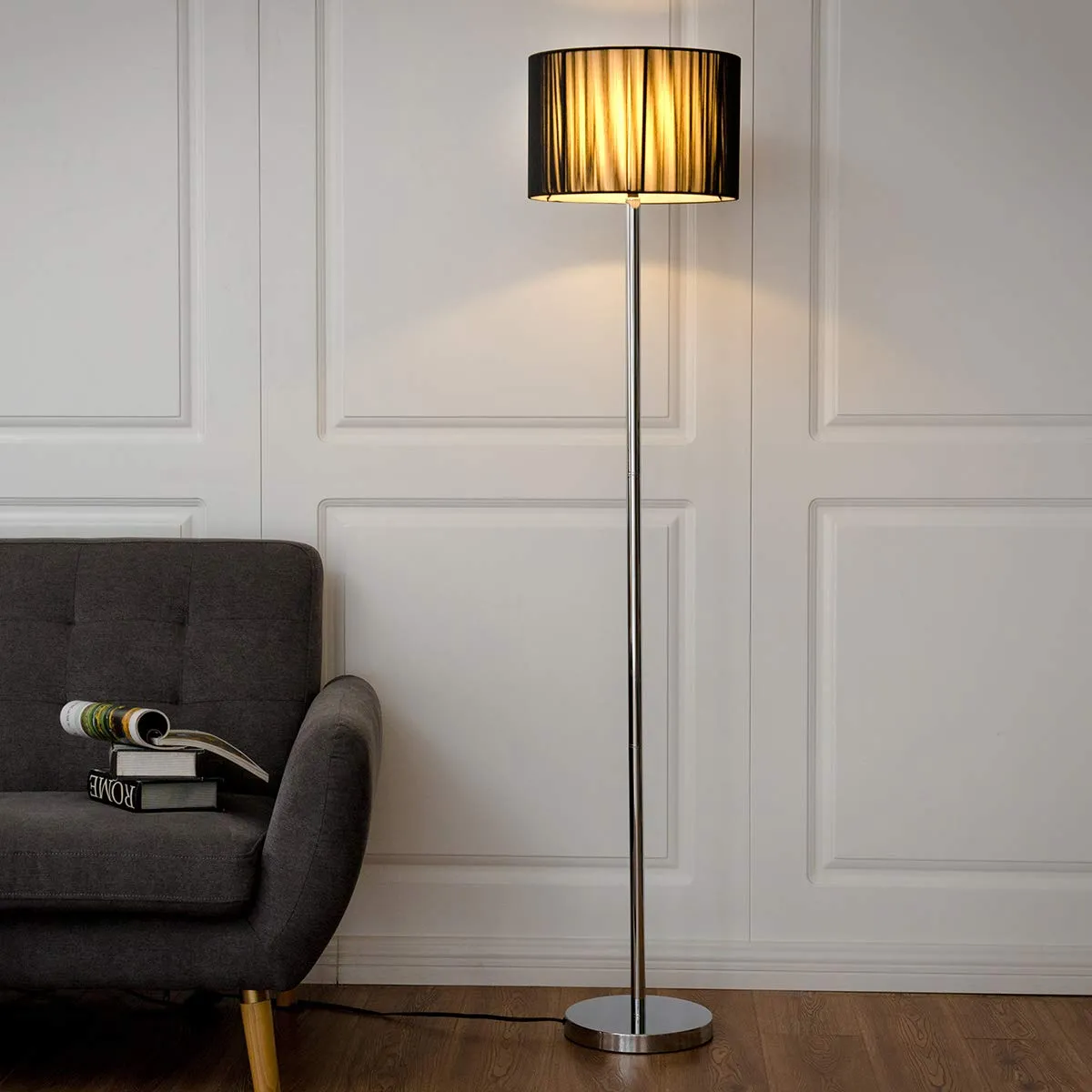 Floor Lamp, Living Room Modern Standing Floor Light with Sheer Shade and LED Light Bulb, 63 inches