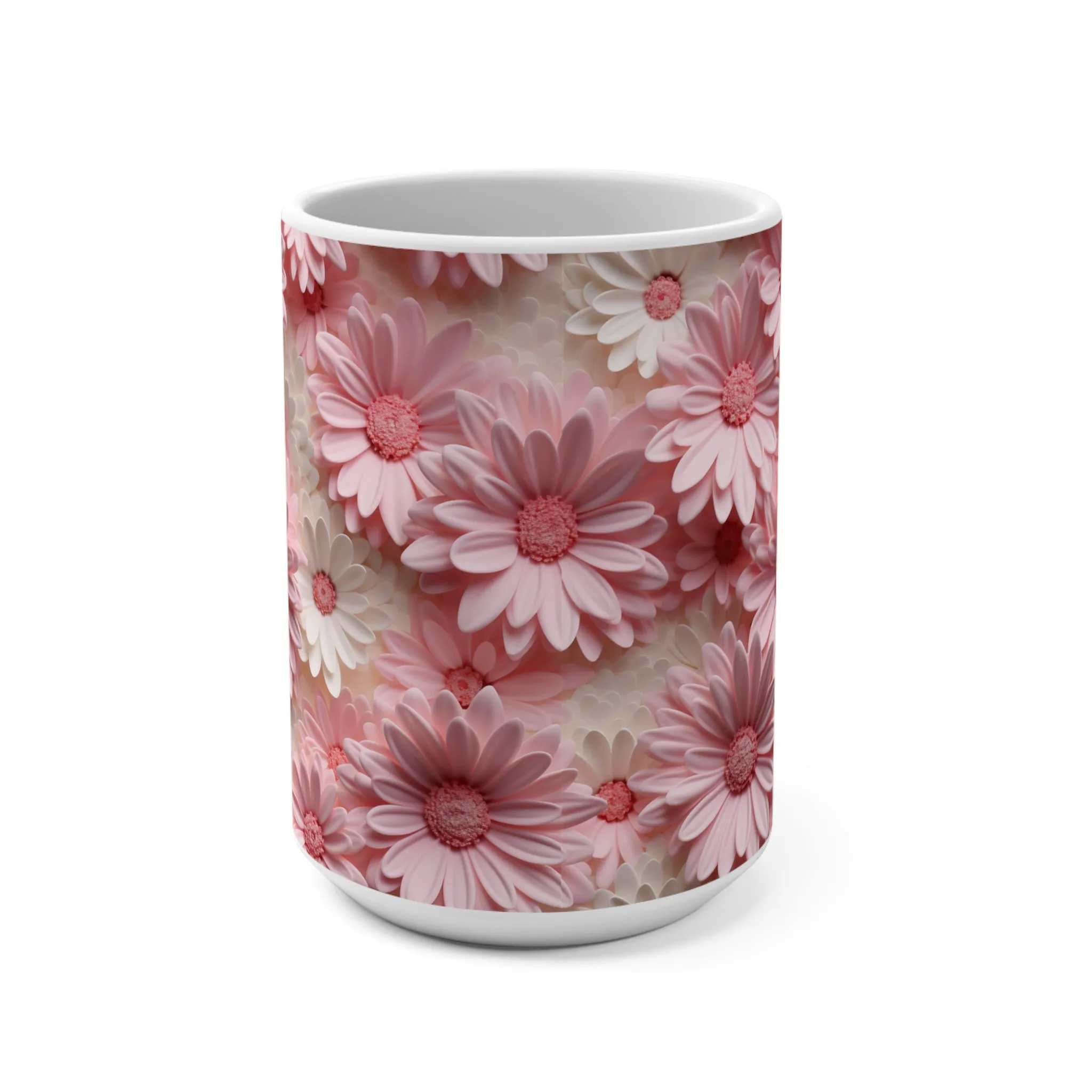 Floral Mug, Pink Daisy Print, Mother's Day Gift, Flowers Coffee Cup, Spring Bloom Kitchenware, Birthday Present, Cute Mug for Her, Unique Gift Idea, Mug 15oz