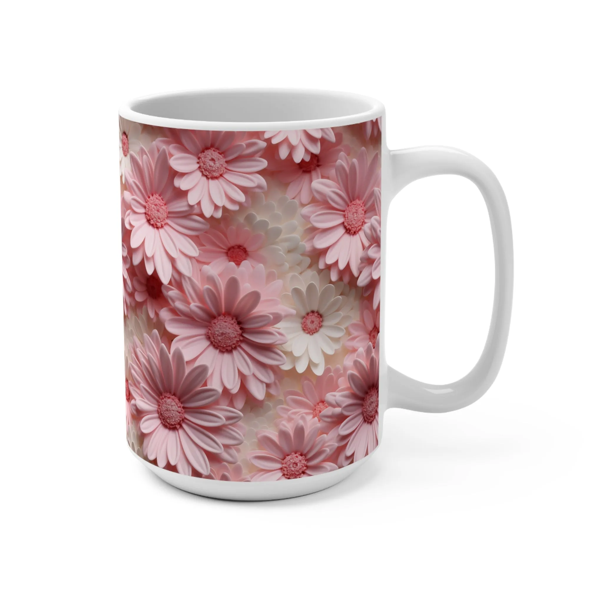 Floral Mug, Pink Daisy Print, Mother's Day Gift, Flowers Coffee Cup, Spring Bloom Kitchenware, Birthday Present, Cute Mug for Her, Unique Gift Idea, Mug 15oz