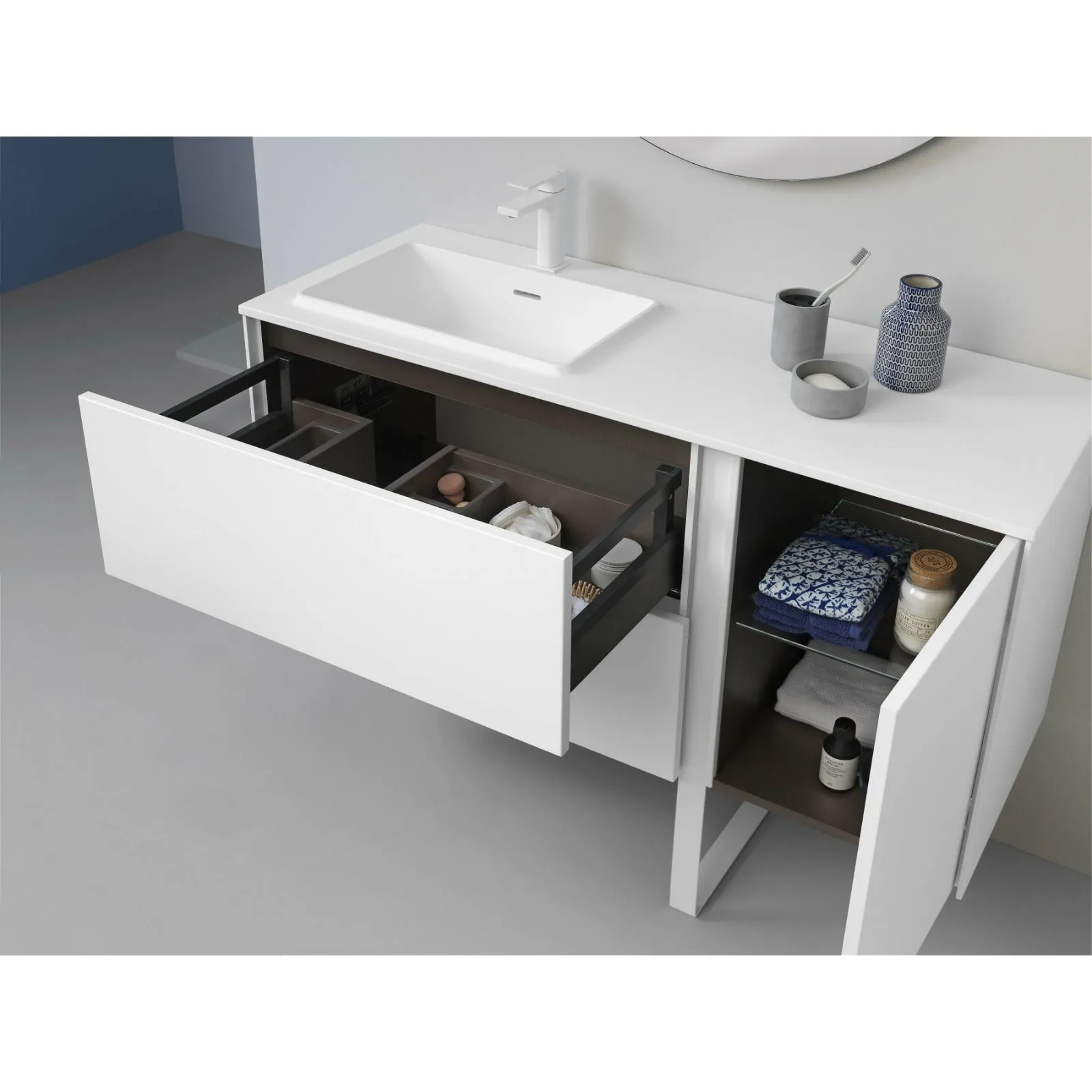 Frontline Matt White Floor Standing Bluetooth Vanity Unit with Solid Surface Basin & Slatted Leg (1200mm)