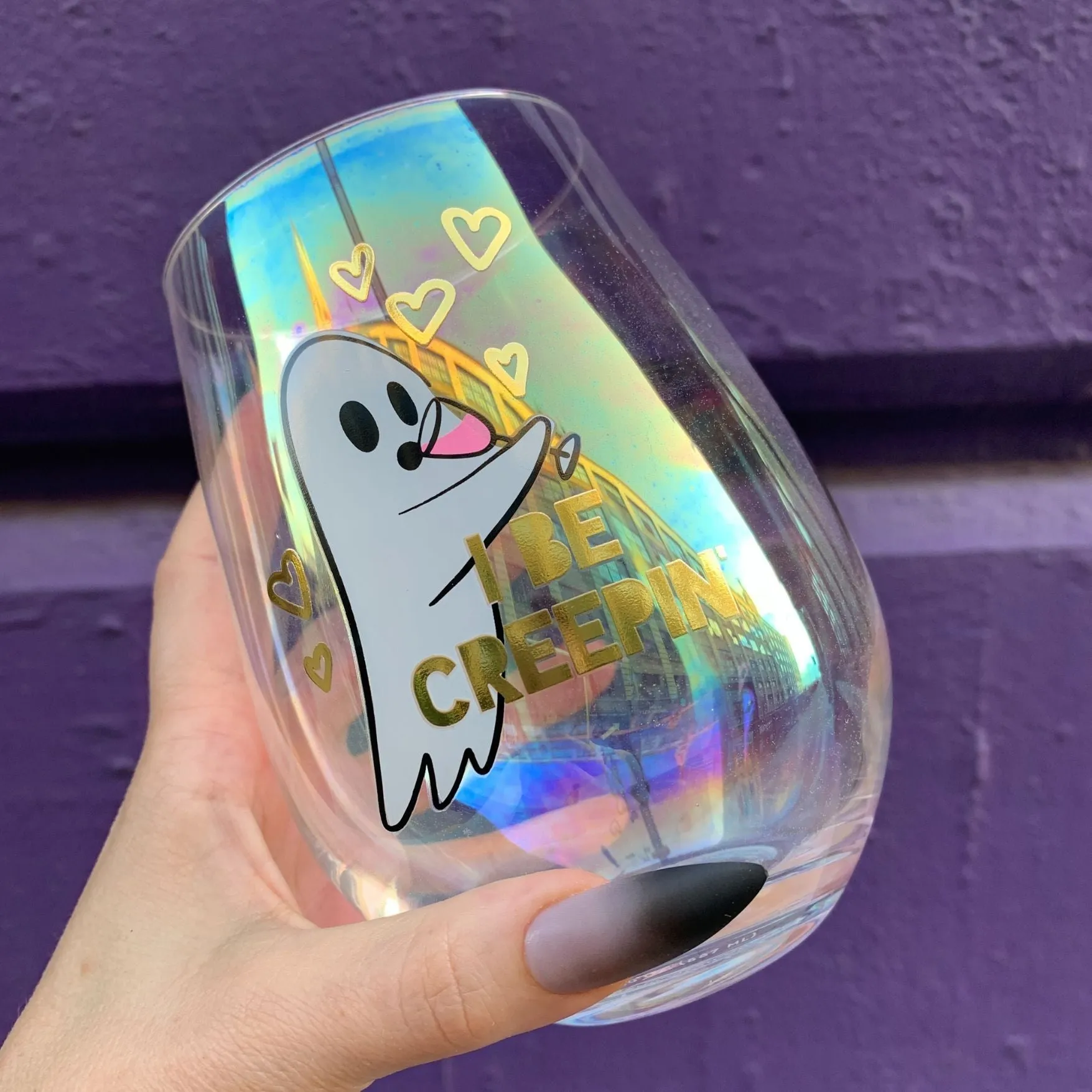 Ghost "I Be Creepin" Jumbo Stemless Wine Glass in Iridescent | 30 Oz. | Holds an Entire Bottle of Wine